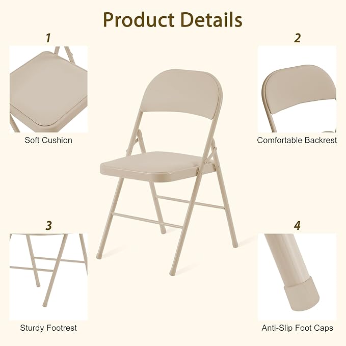 6 Pack Khaki Folding Chairs with Comfortable Cushion and Back, 330LBS Capacity, Portable & Foldable Indoor Outdoor Chairs with Durable Metal Frame for Office Party Events Kitchen Dinning Wedding