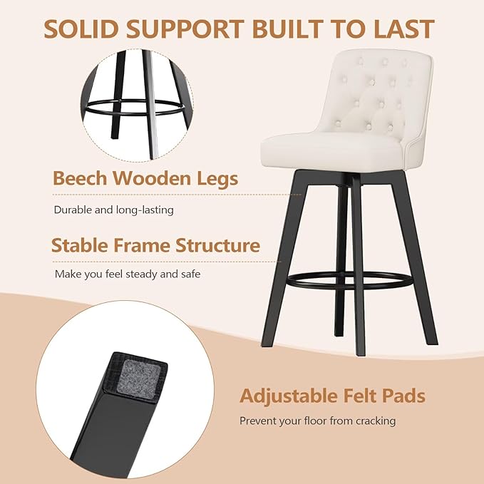 MINCETA Bar Stools Set of 4, PU Leather Barstools, 26 Inch Upholstered Counter Stools with Low Tufted Back and Footrest, Swivel Counter Height Barstools for Kitchen Island Home Bar White