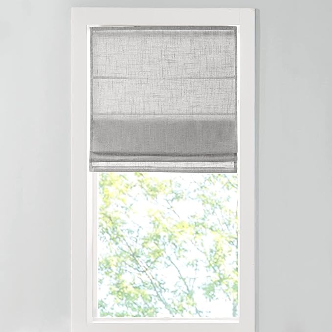 Madison Park Kyler Cordless Roman Shades - Single Panel, Lightweight Linen Blend Fabric, Natural Design, Easy Installation, Light Filtering Window Blind, Bedroom, Living Room Decor 31" W x 64" H Grey