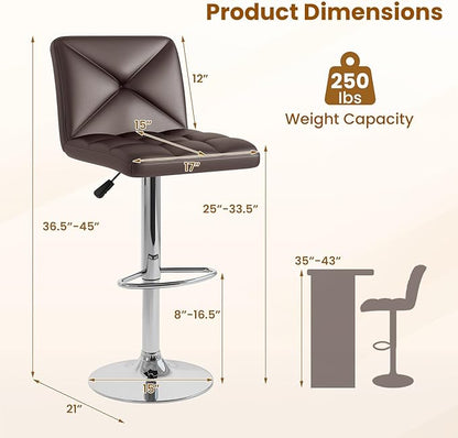 COSTWAY Bar Stools Set of 2, Modern PU Leather Swivel Bar Chairs, Height Adjustable Upholstered Barstools with Premium Gas Rod, Sturdy Footrest, Round Base, for Kitchen, Dining Room, Office,Brown