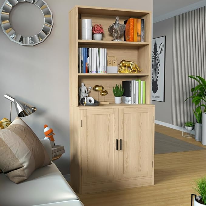 75" Tall Bookcase with Doors, 5 Tier Large Bookshelf with Cabinet, Standing Wood Display Book Shelf for Living Room, Office, Library with Doors, Oak