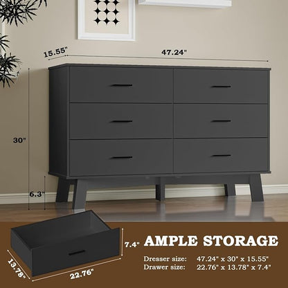 Dresser for Bedroom with 6-Drawer, 47.2" Modern Chest of Drawers with Metal Handles, X-Shape Base & Adjustable Center Leg, Anti-Tip Closet Organizers and Storage
