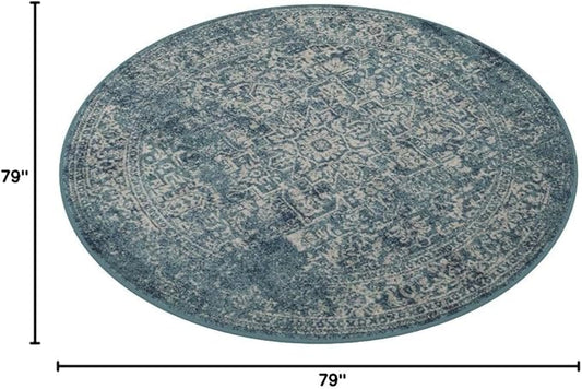 SAFAVIEH Evoke Collection Area Rug - 6'7" Round, Blue & Ivory, Distressed Design, Non-Shedding & Easy to Clean, Ideal for Living Room, Bedroom, Dining Space (EVK256C)