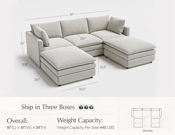 Txtin's Sectional Couches for Living Room U Shaped Cloud Couch with Ottoman Deep Plush 5 Seats Sofa Modern Sofa for Apartment Light Grey