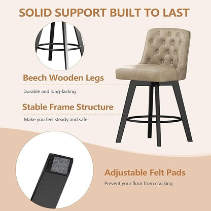 MINCETA Bar Stools Set of 2, PU Leather Barstools, 26 Inch Upholstered Counter Stools with Low Tufted Back and Footrest, Swivel Counter Height Barstools for Kitchen Island Home Bar Khaki