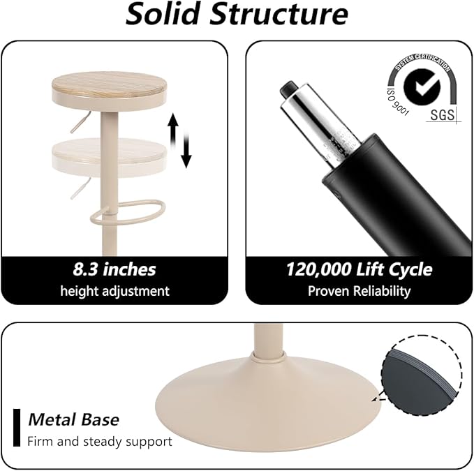 Kidol & Shellder Bar Stools Set of 6 Round Adjustable Swivel Barstools Modern Backless Bar Chairs Wooden Seat Counter Height Stools Armless for Kitchen Island, Cafe, Dining Room (Khaki)
