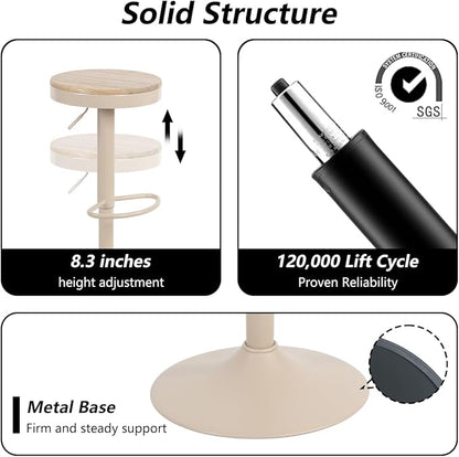Kidol & Shellder Bar Stools Set of 6 Round Adjustable Swivel Barstools Modern Backless Bar Chairs Wooden Seat Counter Height Stools Armless for Kitchen Island, Cafe, Dining Room (Khaki)