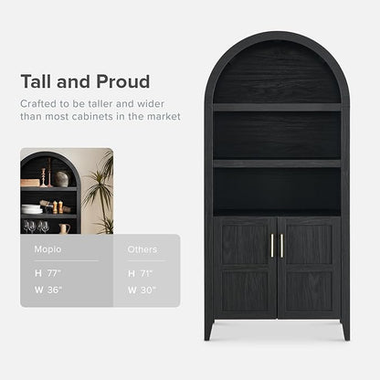 mopio Lauren 77.4" Tall Arched Cabinet, 5-Tier Arched Bookcase with Doors and Adjustable Shelves, Arch Bookshelf with Storage, Wooden Storage Cabinet for Living Room and Kitchen Pantry (Black)