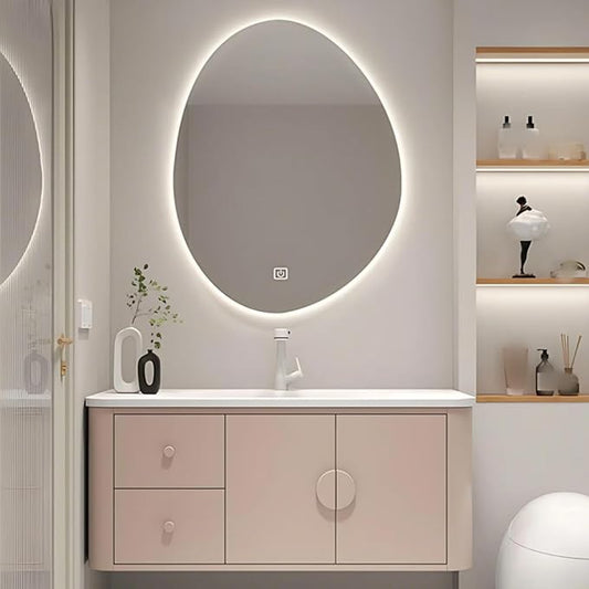 60IN Pink Modern Bathroom Vanity - Bathroom Vanities Set with 2 Drawers Wall Mounted | Rounded Corner Smart Defogging Mirror Cabinet with Lighting & Time Display, Side Opening Storage Shelf (Style B)