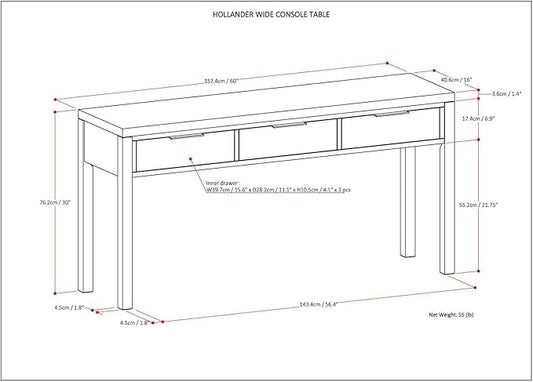 SIMPLIHOME Hollander Console Table - 60 Inch Wide Solid Wood Sofa Table in Warm Walnut Brown, Contemporary Storage Table for Entryway or Living Room with 3 Drawers and Sleek Metal Hardware
