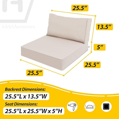 AAAAAcessories Outdoor Deep Seat Cushions, Waterproof, Fade-Resistant Patio Furniture Replacement Cushions, 25.5" x 25.5" x 5" + 25.5" x 13.5", Khaki Beige