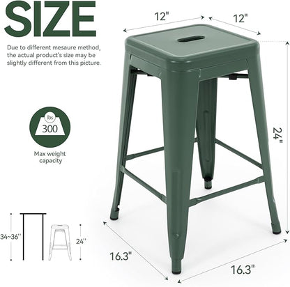 Vogue Furniture Direct 24 Inch Metal Bar Stools, Backless Counter Height Barstools, Indoor Outdoor Stackable Stools with Square Seat, Set of 4 (Dark Green)