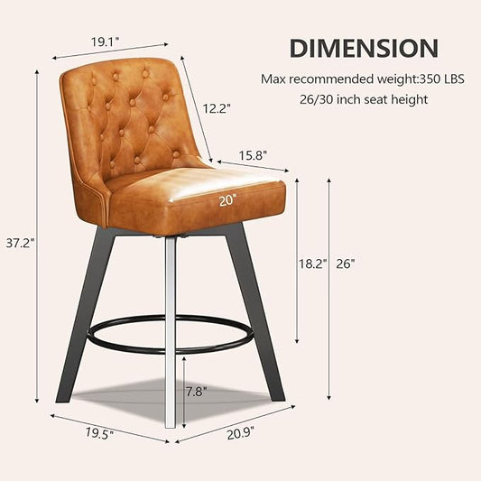 MINCETA Bar Stools Set of 2, PU Leather Barstools, 26 Inch Upholstered Counter Stools with Low Tufted Back and Footrest, Swivel Counter Height Barstools for Kitchen Island Home Bar Brown
