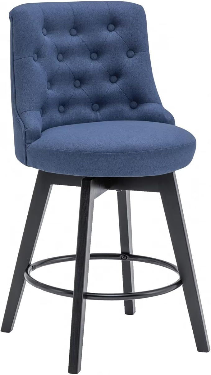 MINCETA Set of 4 Upholstered Bar Stools - 26 Inch Swivel Counter Height Stools with Low Tufted Back, Footrest & Performance Fabric - Round Seat for Kitchen Island & Home Bar Blue