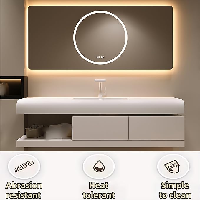 44IN Bathroom Vanity with Sink - Bathroom Cabinet Set has 2 Drawers & Overflow Hole Wall Mounted | LED Practical Defogging Mirror, Open Compartments, Seamless Rock Slab Basin (Khaki)