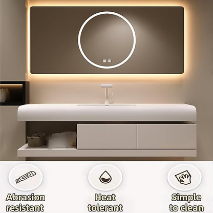 52IN Bathroom Vanity with Sink - Bathroom Cabinet Set has 2 Drawers & Overflow Hole Wall Mounted | LED Practical Defogging Mirror, Open Compartments, Seamless Rock Slab Basin (Cream White)