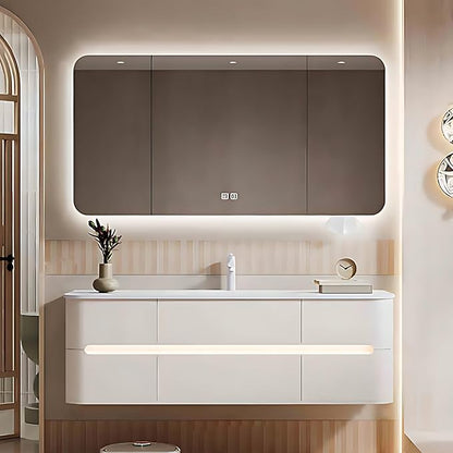 56IN Bathroom Vanity - Bathroom Vanity with Sink with Intelligent Induction Light | Wall-Mounted Bathroom Vanity with Intelligent LED Mirror Cabinet & 6 Drawers, Cream Color