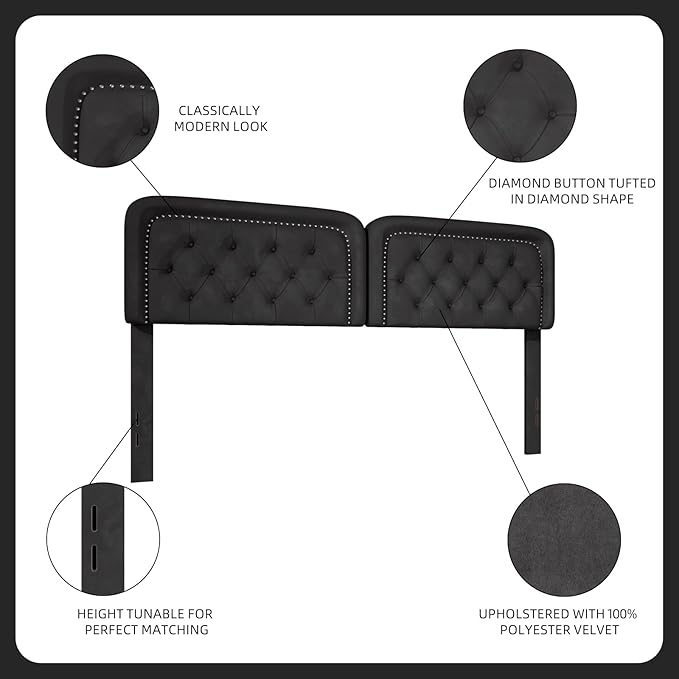 Tufted Upholstered Headboard King Size, Button Adjustable Height King Head Board Only, Sturdy and Durable Solid Wood with Nailhead Trim Headboards, Ideal for Bedroom, Dorm, Guest Room,Black