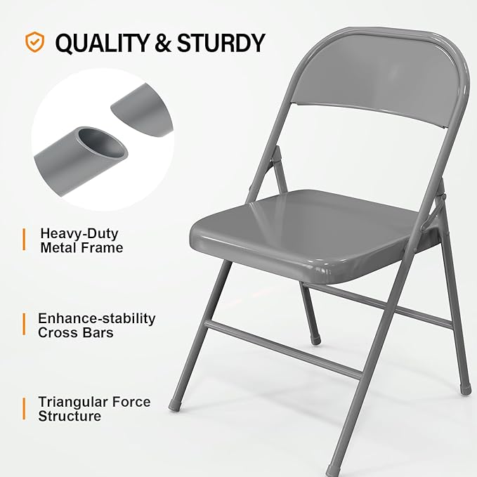 VINGLI Folding Chairs All Steel Metal Frame, Capacity 350 lbs, Durable Portable and Versatile for Indoor Outdoor Use, Gray, Set of 8