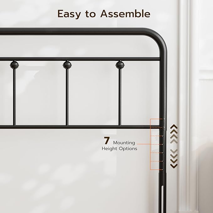 Queen Size Headboard with Black Metal Construction, Adjustable Height, Sturdy Farmhouse Wrought Iron Headboards Only