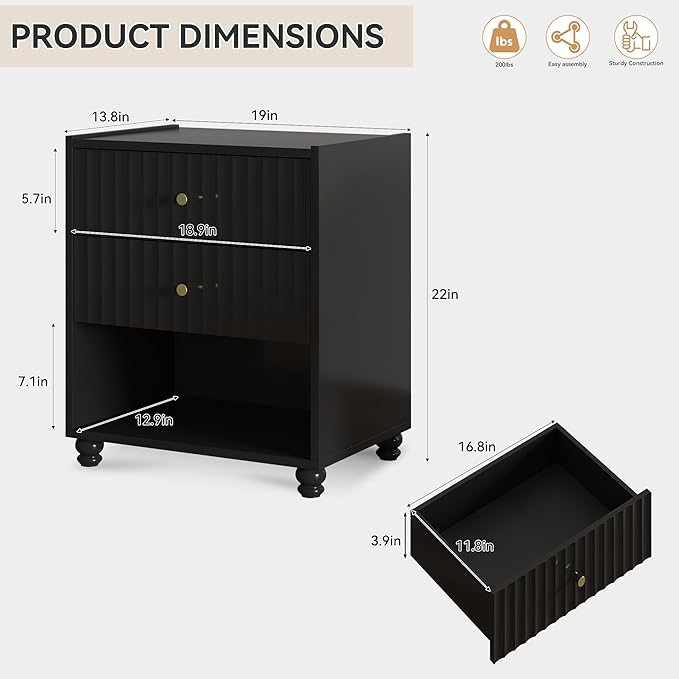 Modern Nightstand, Fluted End Table with 2 Drawers, Nightstand with Open Shelf for Bedroom (1, Black)
