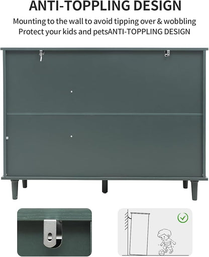 Sideboard Buffet Cabinet with Storage - Accent Storage Cabinet with Carved Pattern, Modern 3 Door 3 Drawer Cabinet, Farmhouse Wood Credenza for Living Room, Dining Room (Green)