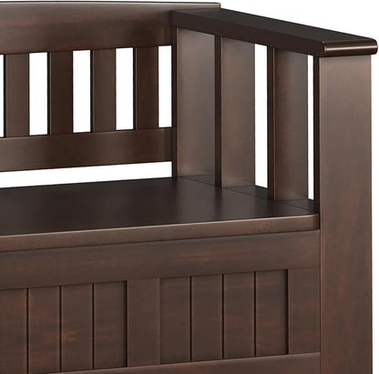 SIMPLIHOME Acadian Entryway Storage Bench - 48 inch Wide Solid Wood Hallway Seat with Shelf in Brunette Brown, Transitional Bench for Entryway or Living Room with Open Storage and Slatted Bottom