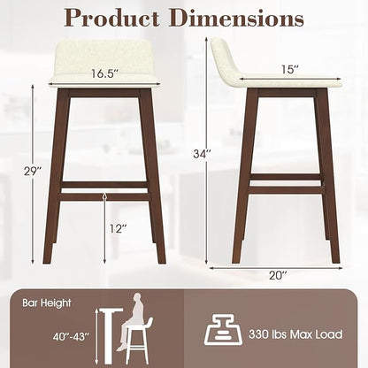 COSTWAY Wooden Bar Stools Set of 4, 29-inch Height Upholstered Padded Seat, Low Backrest, Footrest, Rubber Wood Legs, Armless Bar Chairs for Kitchen Counter Island, Dining Room, Brown+Beige