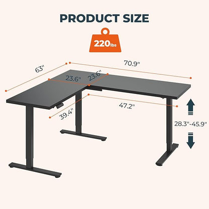 L-Shaped Standing Desk, 71 x 63 Inches Height Adjustable Desk with Storage, Sit and Stand up for Work Office Home, Ergonomic Rising Computer Table for Home Office with Splice Board, Black