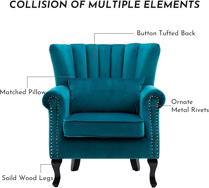Accent Reading Arm Chairs Set of 2 Midcentury Modern Comfy Corner Sofa Chair, Wingback Waiting Room Club Chair with Tufted Back for Living Room/Bedroom/Reception Room, Velvet Teal
