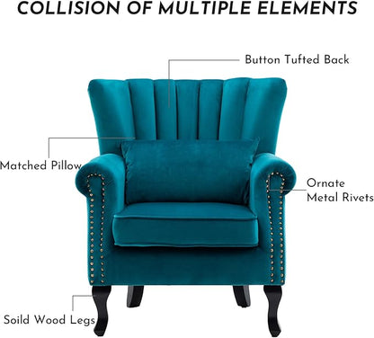 Accent Reading Arm Chairs Set of 2 Midcentury Modern Comfy Corner Sofa Chair, Wingback Waiting Room Club Chair with Tufted Back for Living Room/Bedroom/Reception Room, Velvet Teal