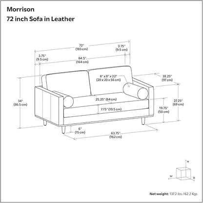 SIMPLIHOME Morrison 72-inch Wide Sofa in Caramel Brown Top Grain Genuine Leather, Mid-Century Modern-Style Loveseat for Living Room, Single Bench Cushion, Removable Back Cushions, 2 Bolster Pillows