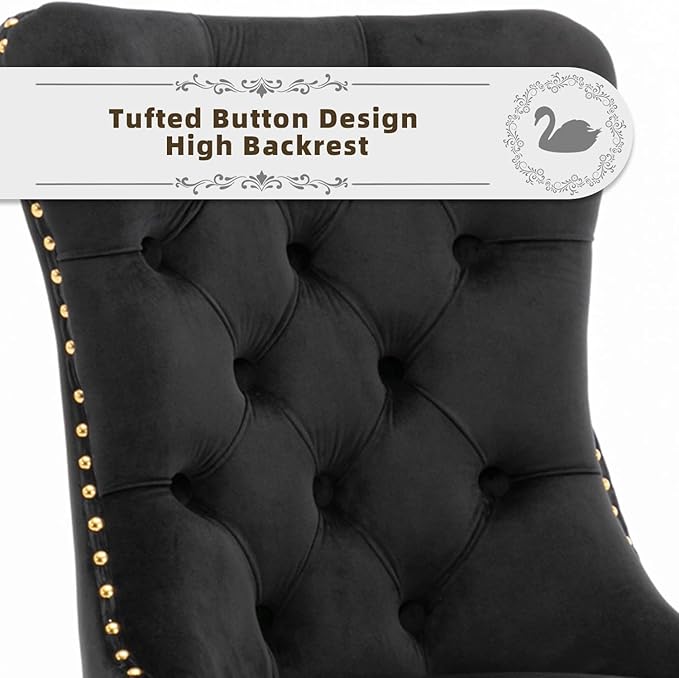 Velvet Upholstered Dining Chairs Set of 4, Modern Style Kitchen Side Chairs with Nailhead Trim and Gold Plated Leg, Metal Pulling Ring for Dining Room Living Room(Black,Set of 4)