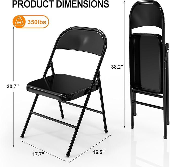 VINGLI Folding Chairs All Steel Metal Frame, Capacity 350 lbs, Durable Portable and Versatile for Indoor Outdoor Use, Black, Set of 8