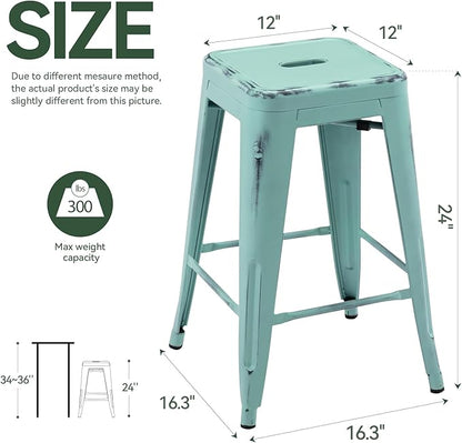 Vogue Furniture Direct 24 Inch Metal Bar Stools, Backless Counter Height Barstools, Indoor Outdoor Stackable Stools with Square Seat, Set of 4 (Distressed Mint Green)