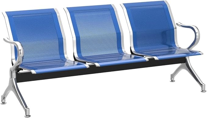Kinsuite 3-Seat Reception Chairs - Waiting Room Chairs with Arms & Stainless Steel Frame, Waiting Room Bench Lobby Chairs for Office Airport Bank Hospital, Blue