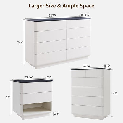 ACCOHOHO Modern Bedroom Set, 3 Pieces Bedroom Furniture Set, Includes 8 Drawers Dresser, 6 Dressers Organizer,Nightstand, Chest of Drawers Wide Storage Organizer Cabinet for Bedroom, White