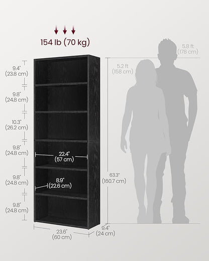 VASAGLE CUSTOS Collection - Bookshelf, 6-Tier Bookcase, Book Shelf, Open Storage Shelf, 9.4 x 23.6 x 63.3 Inches, for Living Room, Home Office, Dinning Room, Ebony Black ULBC166T56