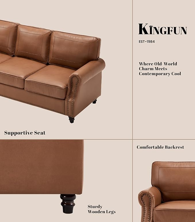 Kingfun Mid-Century Modern Couch, Faux Leather Sofa, 3 Seater Couch for Living Room with Rolled arms & Nailhead Trim, Brown