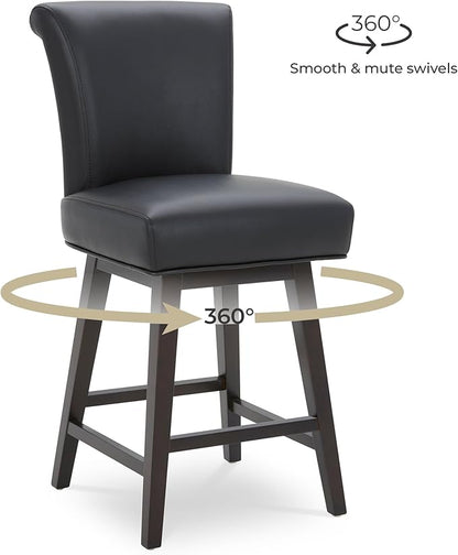 CHITA 26 Inch Counter Height Swivel Bar Stools Set of 2, FSC Certified Modern Upholstered Faux Leather Swivel Barstool Chair with Back, Black