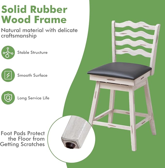 COSTWAY Bar Stools Set of 2, 25” 360° Swivel Counter Height Chairs with Rubber Wood Frame, Cushioned Seat, Ergonomic Backrest & Footrest, Wooden Upholstered Barstools for Kitchen Island (2, 25”)