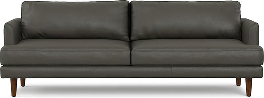 SIMPLIHOME Livingston 90-inch Wide Sofa in Coal Top Grain Genuine Leather, Handcrafted Mid-Century Modern Couch for Living Room, Large 3-Seater with Feather-Wrapped Cushions and Solid Wood Frame
