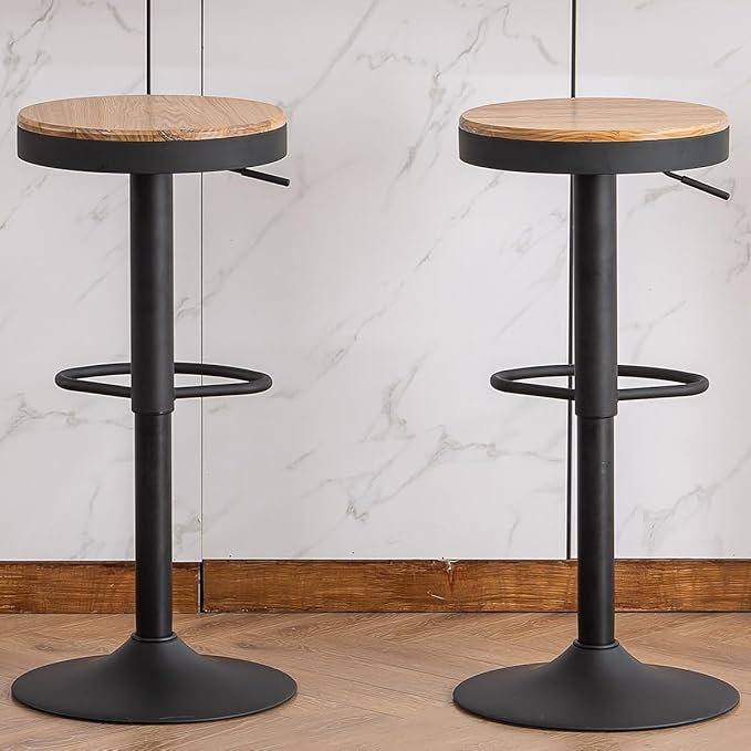 Kidol & Shellder Black Bar Stools Set of 2 Adjustable Swivel Backless Barstools Modern Round Wooden Seat Counter Height Bar Chairs Armless for Kitchen Island, Cafe, Dining Room