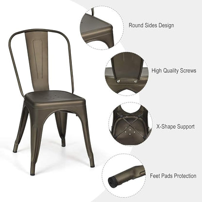 COSTWAY 18 Inch Dining Chair Set of 4, Industrial Vintage Stackable Metal Chairs, Outdoor Indoor Stools with Detachable High Backrest for Home, Kitchen and Cafe Bar Use