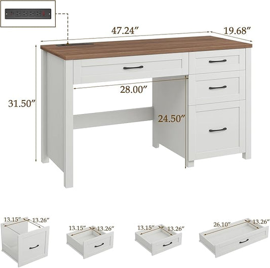 Vabches Farmhouse 47" Executive Desk, Computer Desk with File Drawer and Charging Station, Workstation for Home Office & Study（Off White