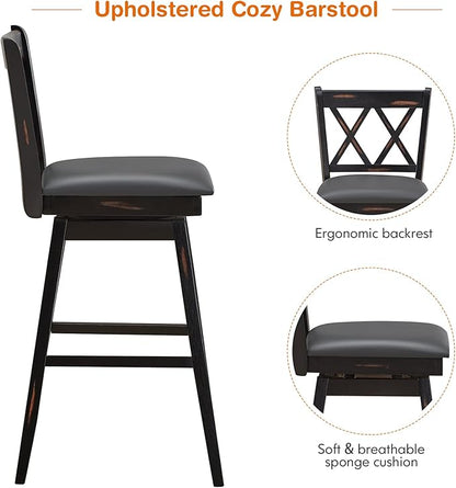 COSTWAY Bar Stool Set of 2, 360 ° Swivel Bar Height 29.5 inch Bar Stool with Foot Rest Upholstered Cushion & Ergonomic Backrest, Sturdy Frame, for Pub, Restaurant, Home (2, Black + Grey)