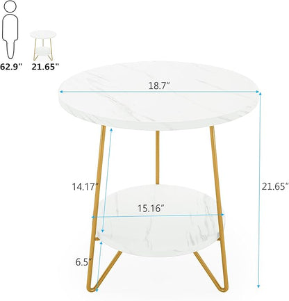 Tribesigns Faux Marble End Table, 2 Tier Round Side Table with Shelves, Modern Gold Nightstand Bedside Table Small Coffee Accent Table for Living Room Bedroom, White and Gold
