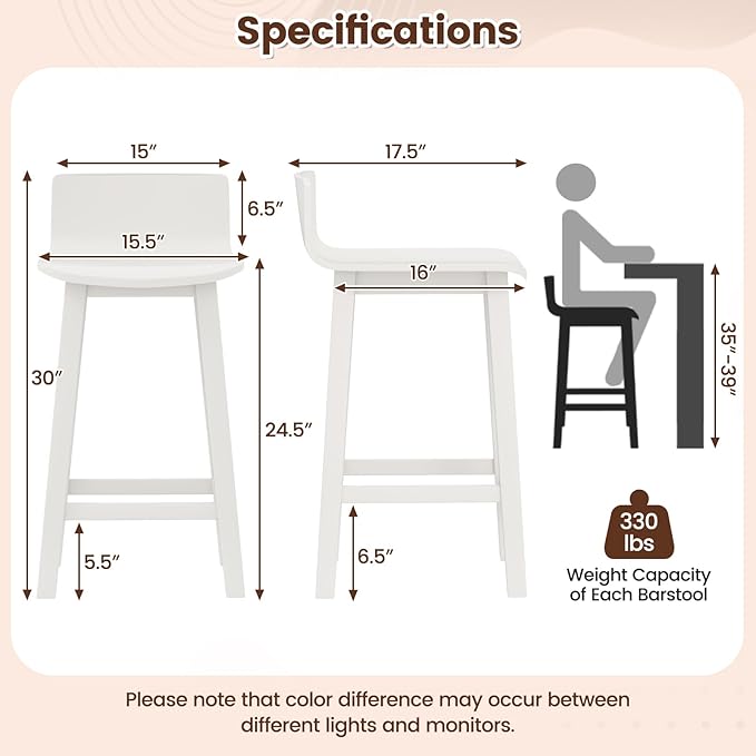 COSTWAY Solid Wood Bar Stools Set of 4, 24.5-inch Counter Height Chairs with Low Back and Footrest, Farmhouse Wooden Armless barstools for Kitchen Island, Dining Room, Cafe, Breakfast, White