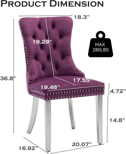 Velvet Upholstered Dining Chairs Set of 6, Modern Kitchen Side Chairs with Nailhead Trim and Silver Plated Leg, Metal Pulling Ring for Dining Room Living Room(Purple-Silver Plated Leg)