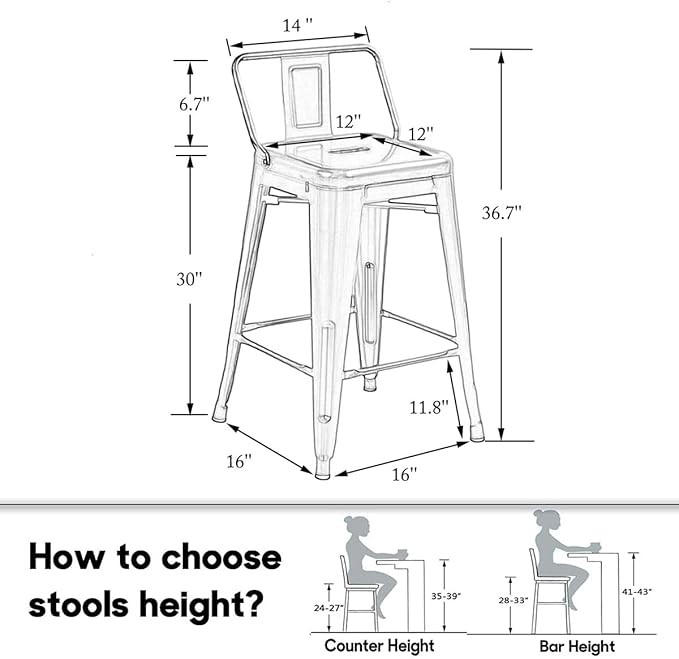 HAOBO Home 30" Low Back Metal Counter Stool Height Bar Stools [Set of 4] for Indoor/Outdoor Barstools, Matte Black